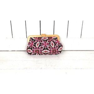 Pink brown cotton fabric wooden handle clutch handbag purse